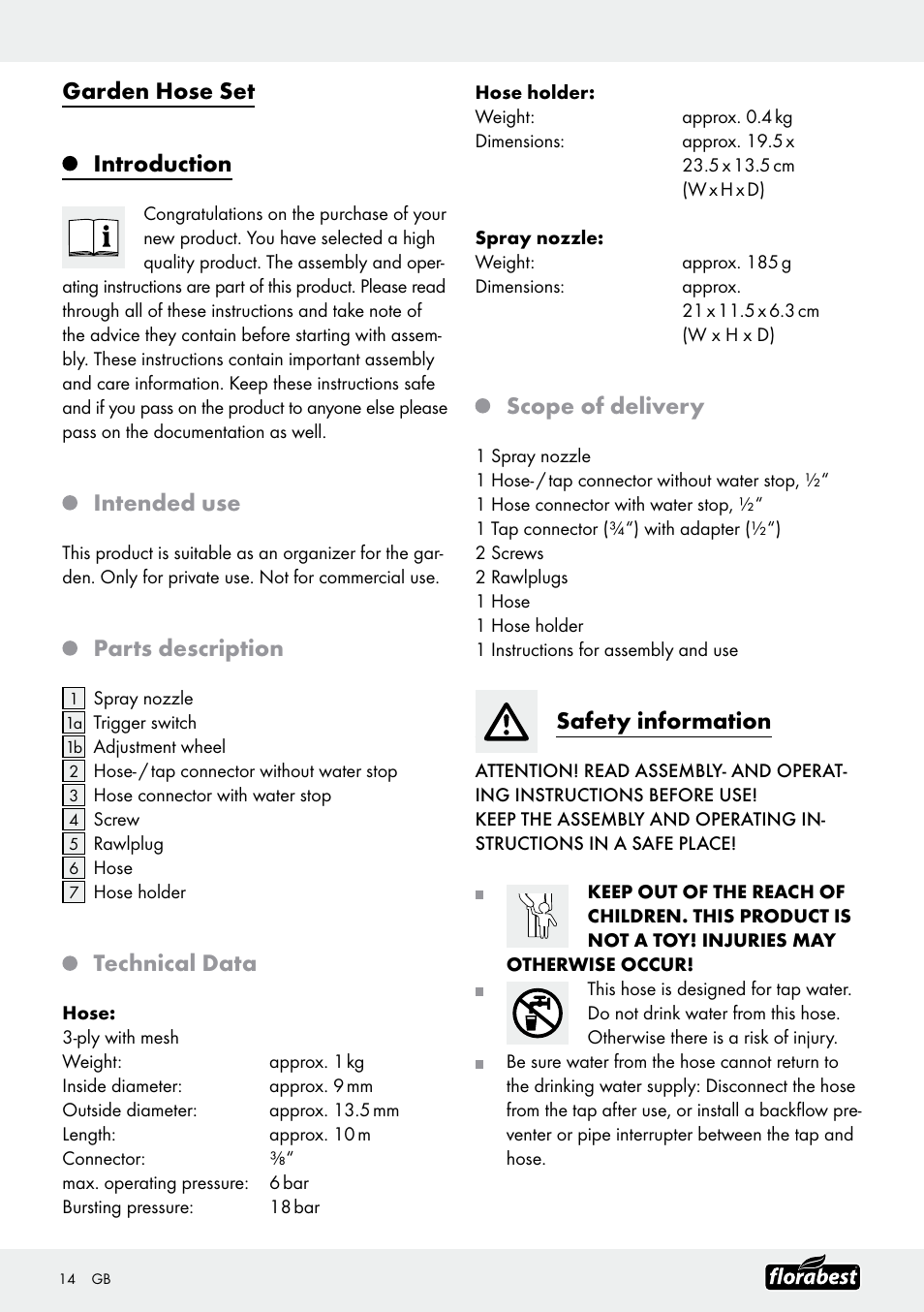 Garden hose set introduction, Intended use, Parts description | Technical data, Scope of delivery, Safety information | Florabest Garden Hose Set User Manual | Page 14 / 17