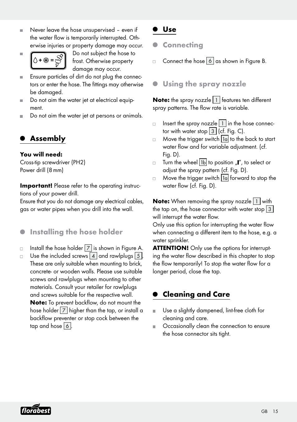 Assembly, Installing the hose holder, Use connecting | Using the spray nozzle, Cleaning and care | Florabest Garden Hose Set User Manual | Page 15 / 17