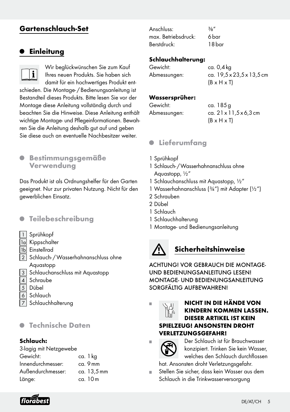 Gartenschlauch-set einleitung, Bestimmungsgemäße verwendung, Teilebeschreibung | Technische daten, Lieferumfang, Sicherheitshinweise | Florabest Garden Hose Set User Manual | Page 5 / 17