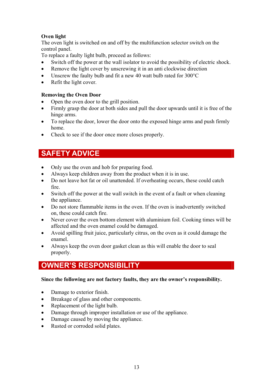 Safety advice, Owner’s responsibility | Defy Appliances 735 MF User Manual | Page 13 / 14