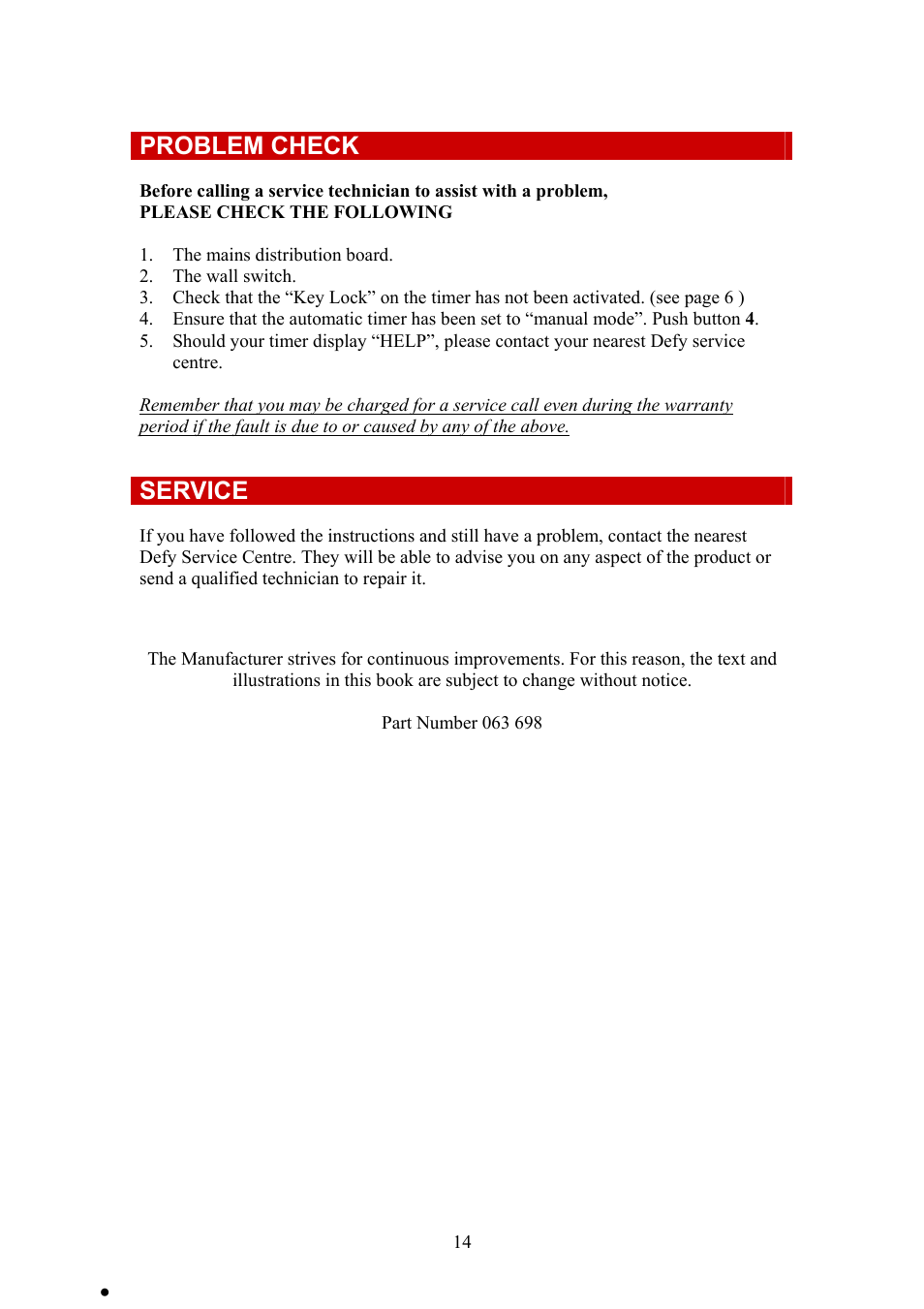 Problem check, Service | Defy Appliances 735 MF User Manual | Page 14 / 14