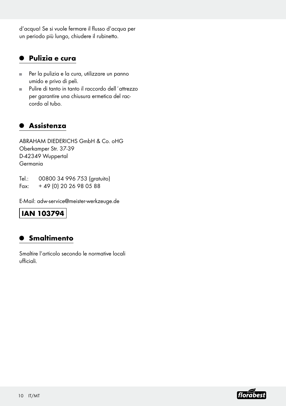 Pulizia e cura, Assistenza | Florabest Garden Hose Set User Manual | Page 10 / 20