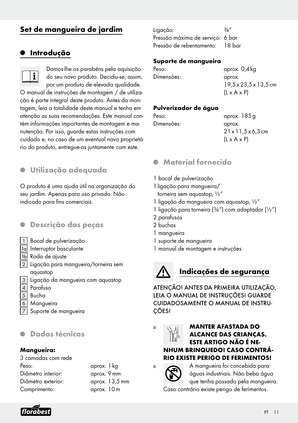 Set de mangueira de jardim introdução, Utilização adequada, Descrição das peças | Dados técnicos, Material fornecido, Indicações de segurança | Florabest Garden Hose Set User Manual | Page 11 / 20