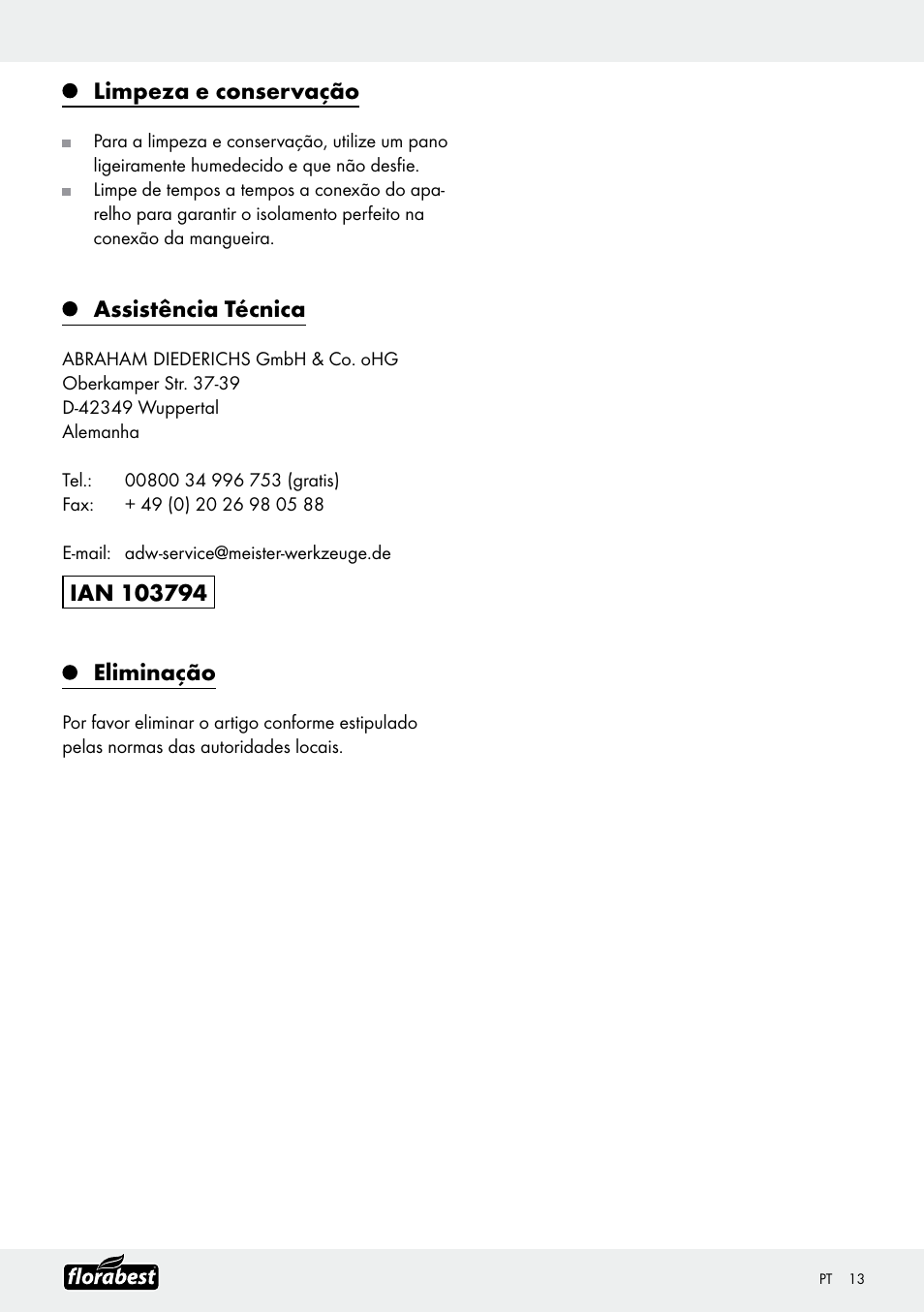 Limpeza e conservação, Assistência técnica | Florabest Garden Hose Set User Manual | Page 13 / 20