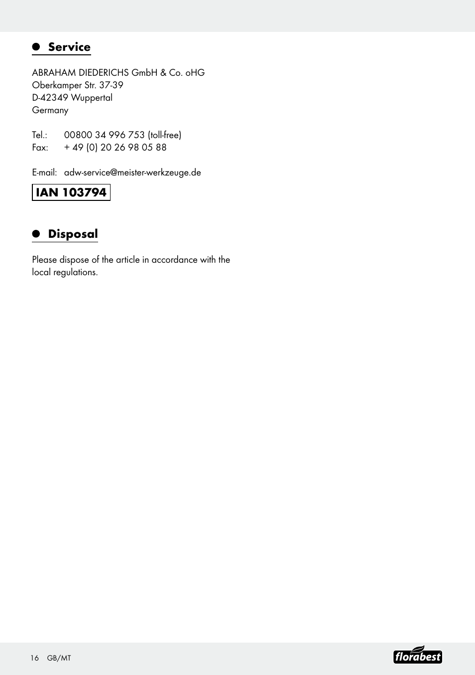 Service | Florabest Garden Hose Set User Manual | Page 16 / 20