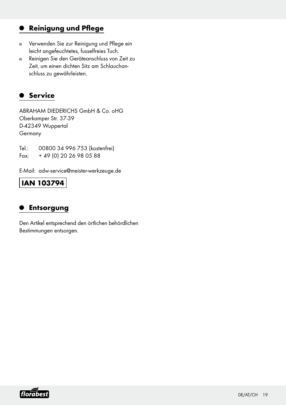 Reinigung und pflege, Service | Florabest Garden Hose Set User Manual | Page 19 / 20