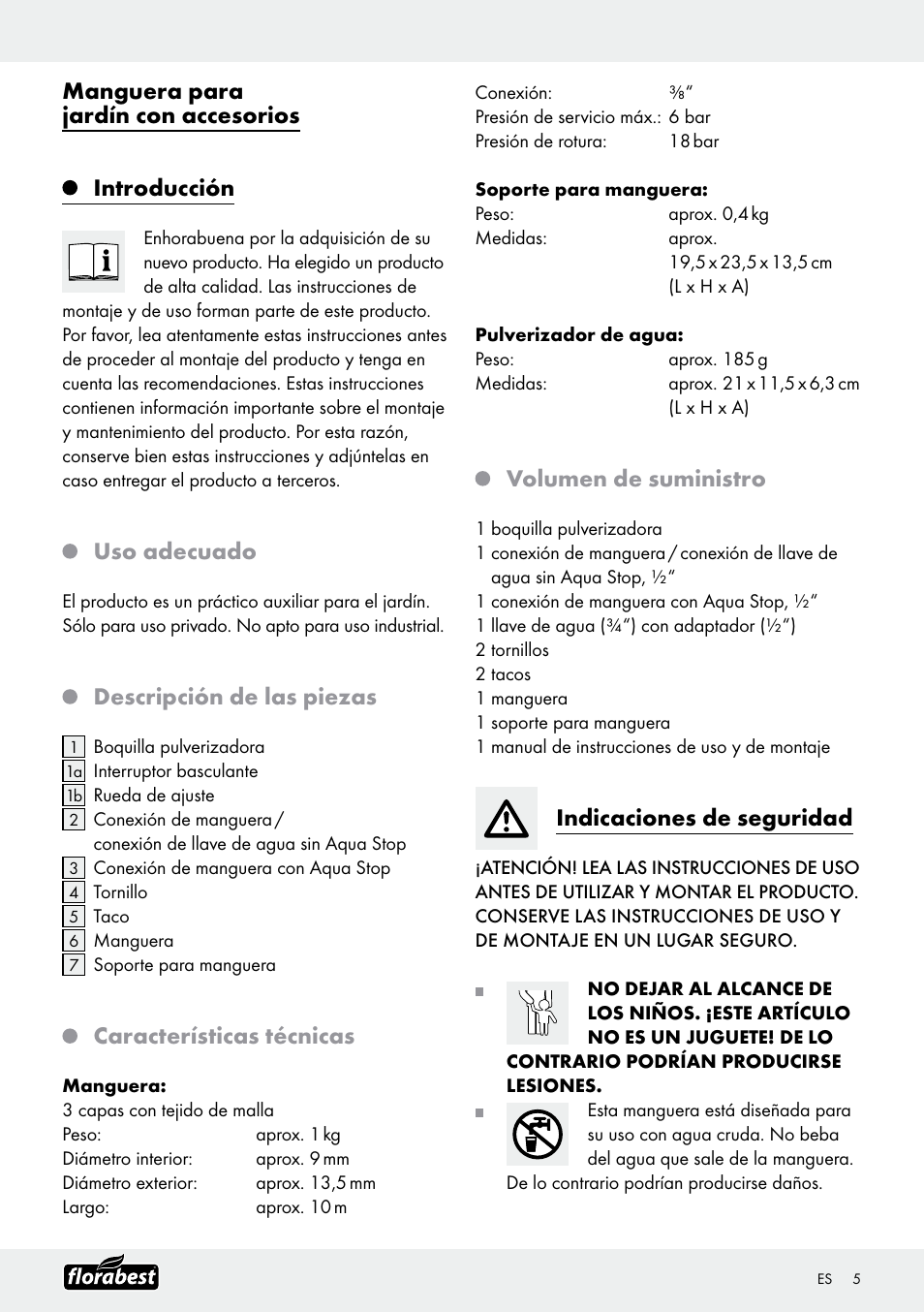 Manguera para jardín con accesorios introducción, Uso adecuado, Descripción de las piezas | Características técnicas, Volumen de suministro, Indicaciones de seguridad | Florabest Garden Hose Set User Manual | Page 5 / 20