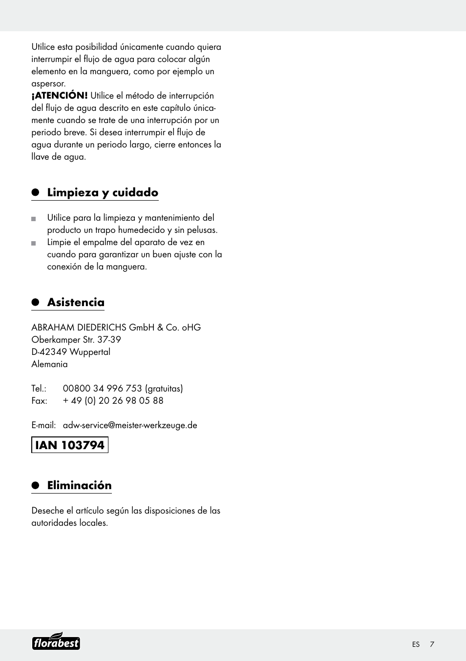 Limpieza y cuidado, Asistencia | Florabest Garden Hose Set User Manual | Page 7 / 20