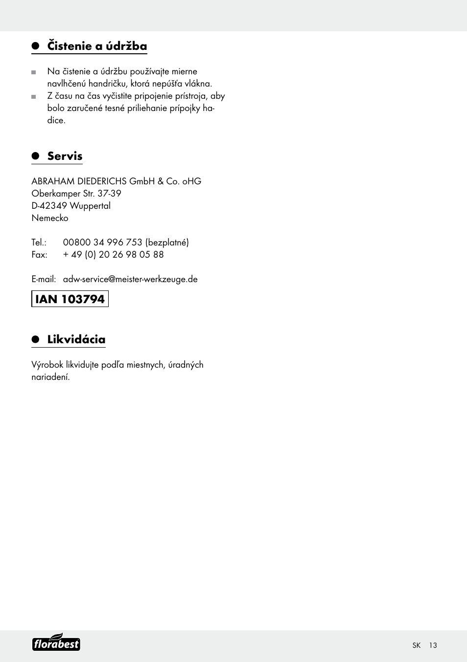 Čistenie a údržba, Servis | Florabest Garden Hose Set User Manual | Page 13 / 17