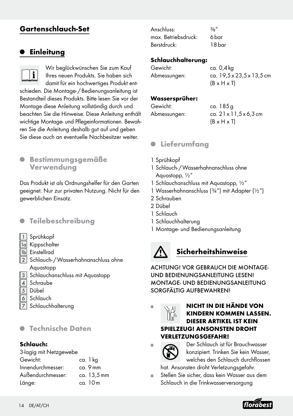 Gartenschlauch-set einleitung, Bestimmungsgemäße verwendung, Teilebeschreibung | Technische daten, Lieferumfang, Sicherheitshinweise | Florabest Garden Hose Set User Manual | Page 14 / 17