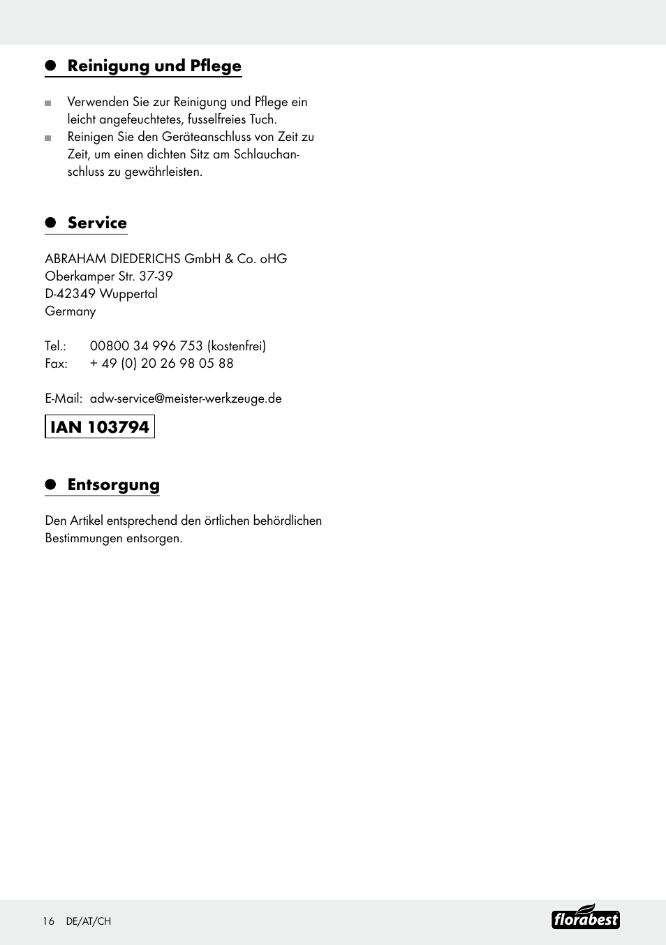 Reinigung und pflege, Service | Florabest Garden Hose Set User Manual | Page 16 / 17