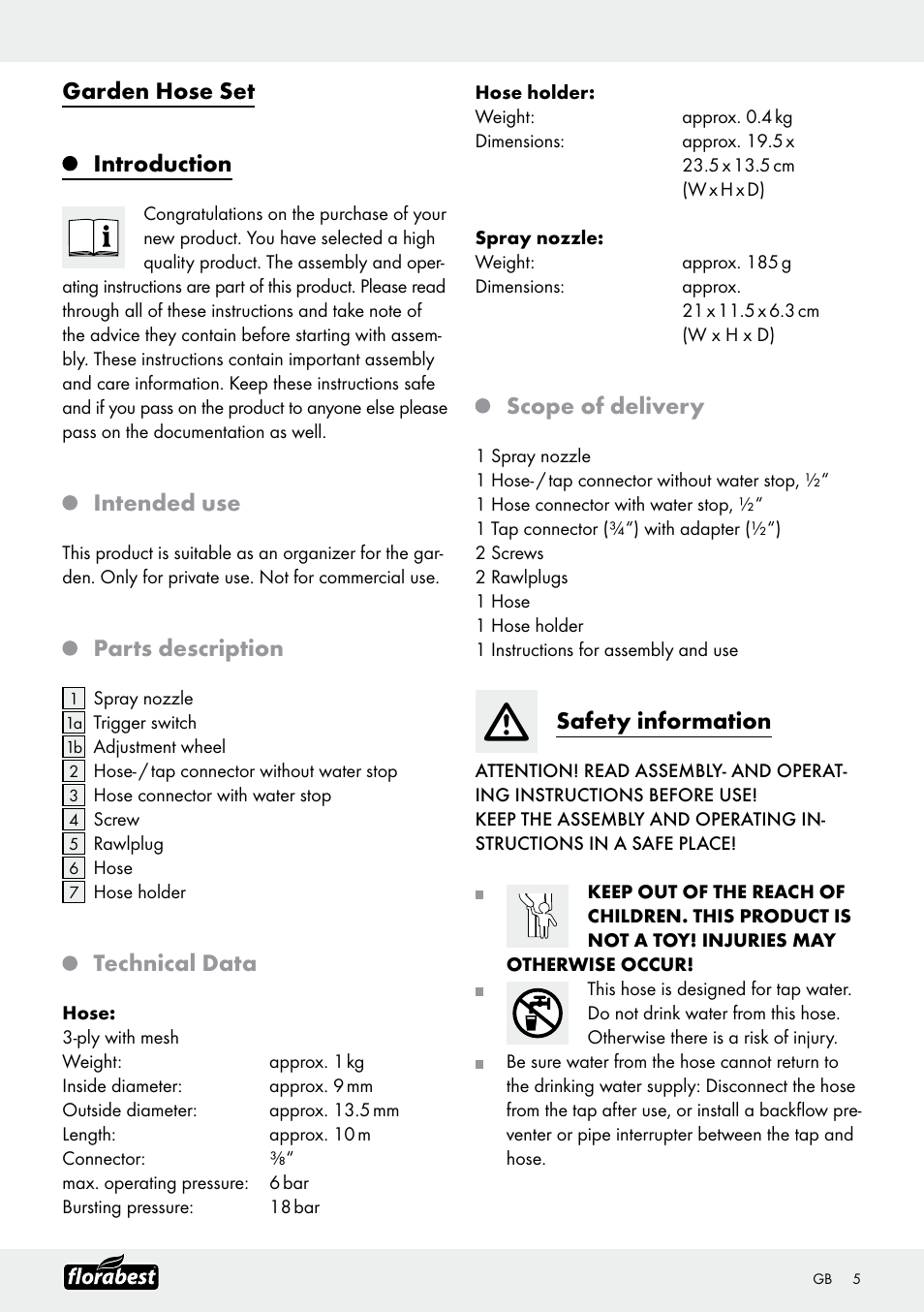 Garden hose set introduction, Intended use, Parts description | Technical data, Scope of delivery, Safety information | Florabest Garden Hose Set User Manual | Page 5 / 17