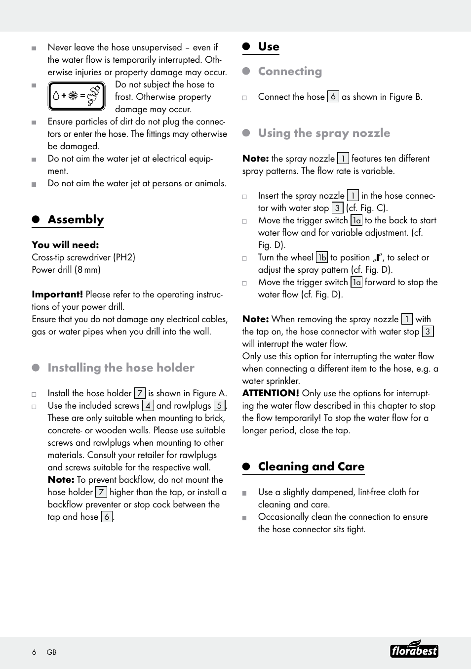 Assembly, Installing the hose holder, Use connecting | Using the spray nozzle, Cleaning and care | Florabest Garden Hose Set User Manual | Page 6 / 17
