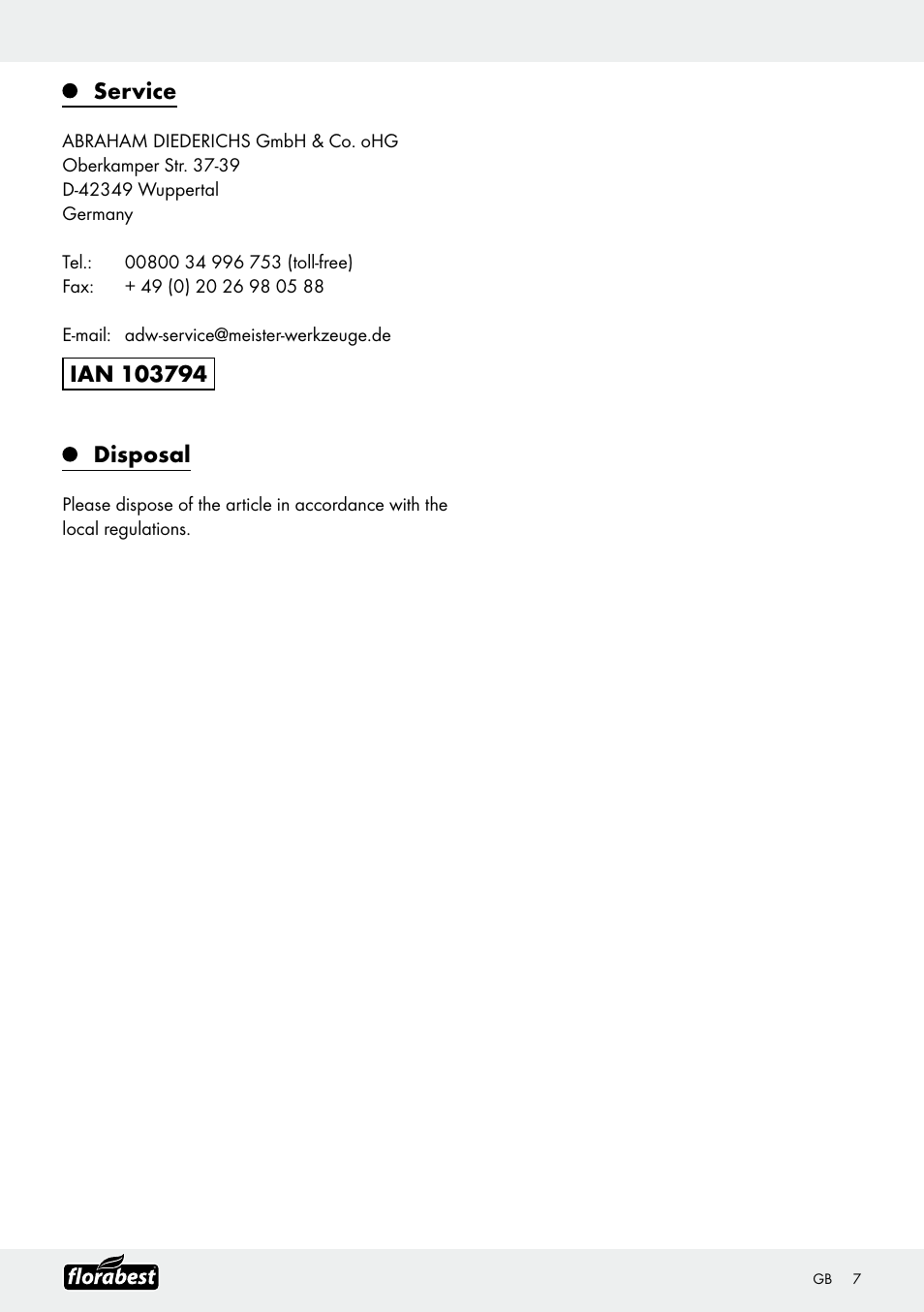Service | Florabest Garden Hose Set User Manual | Page 7 / 17