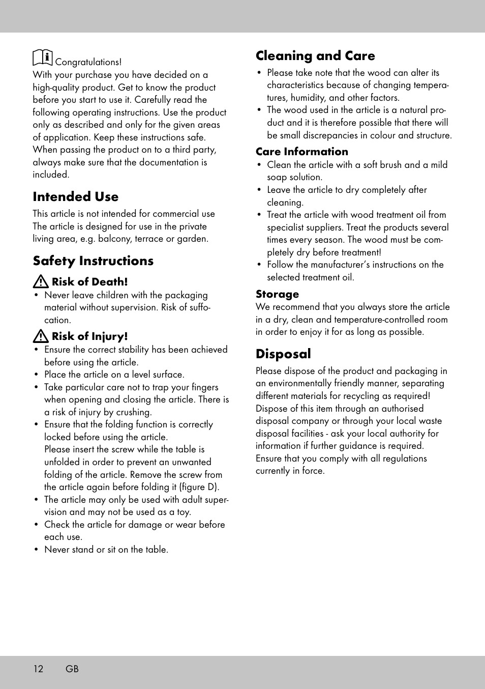 Intended use, Safety instructions, Cleaning and care | Disposal | Florabest KT-2070 User Manual | Page 10 / 14