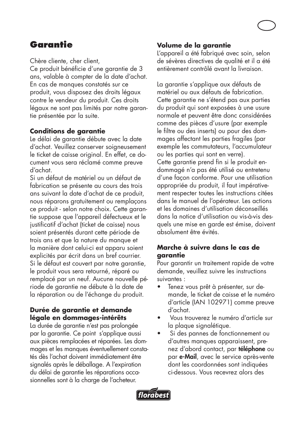 Garantie | Florabest FAT 18 B3 User Manual | Page 21 / 68