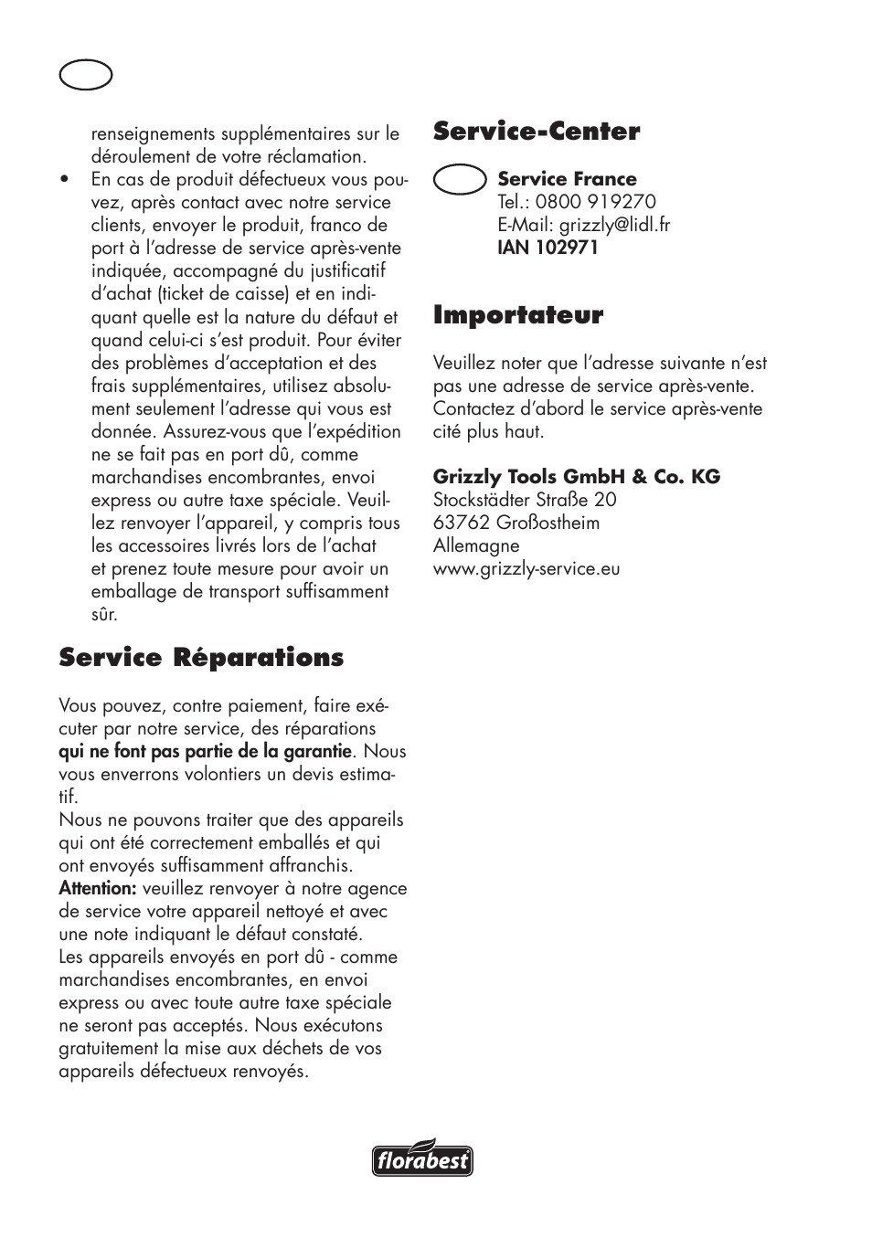 Service réparations, Service-center, Importateur | Florabest FAT 18 B3 User Manual | Page 22 / 68