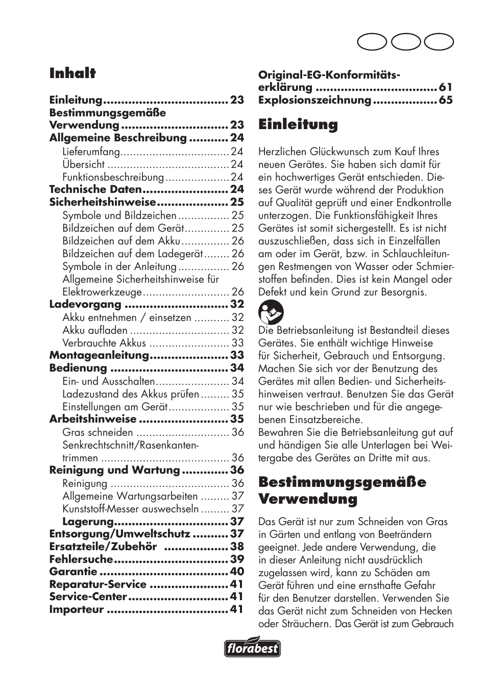 Inhalt, Einleitung, Bestimmungsgemäße verwendung | At ch de | Florabest FAT 18 B3 User Manual | Page 23 / 68