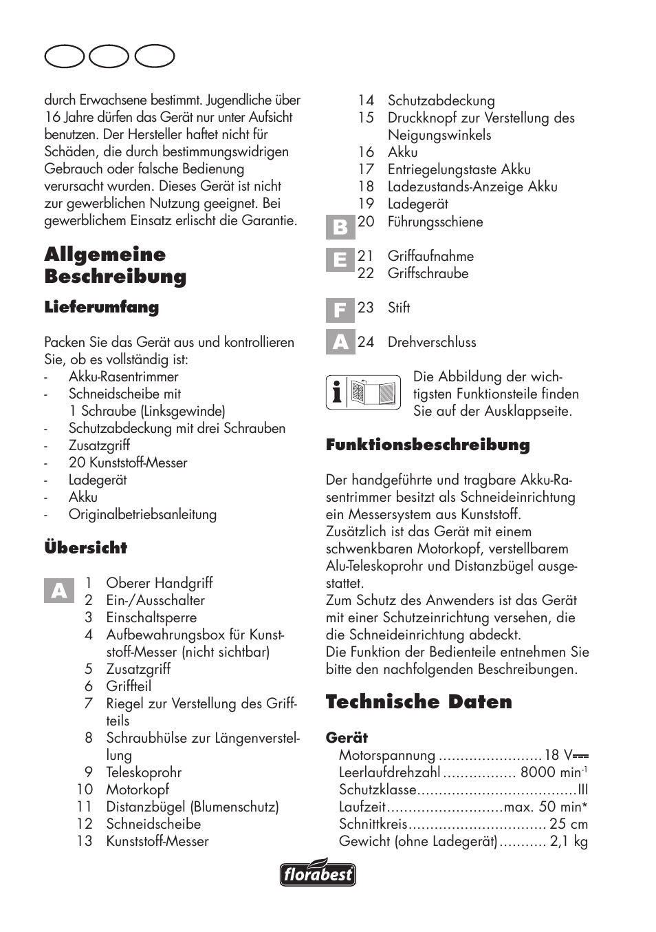 Allgemeine beschreibung, Technische daten, De at ch | Florabest FAT 18 B3 User Manual | Page 24 / 68