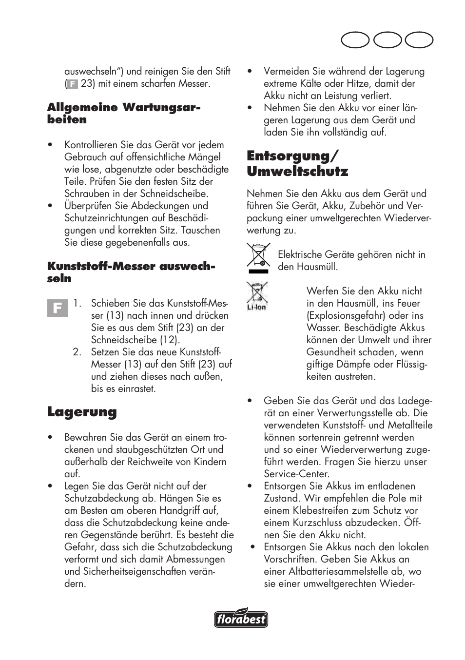 Lagerung, Entsorgung/ umweltschutz, At ch de | Florabest FAT 18 B3 User Manual | Page 37 / 68