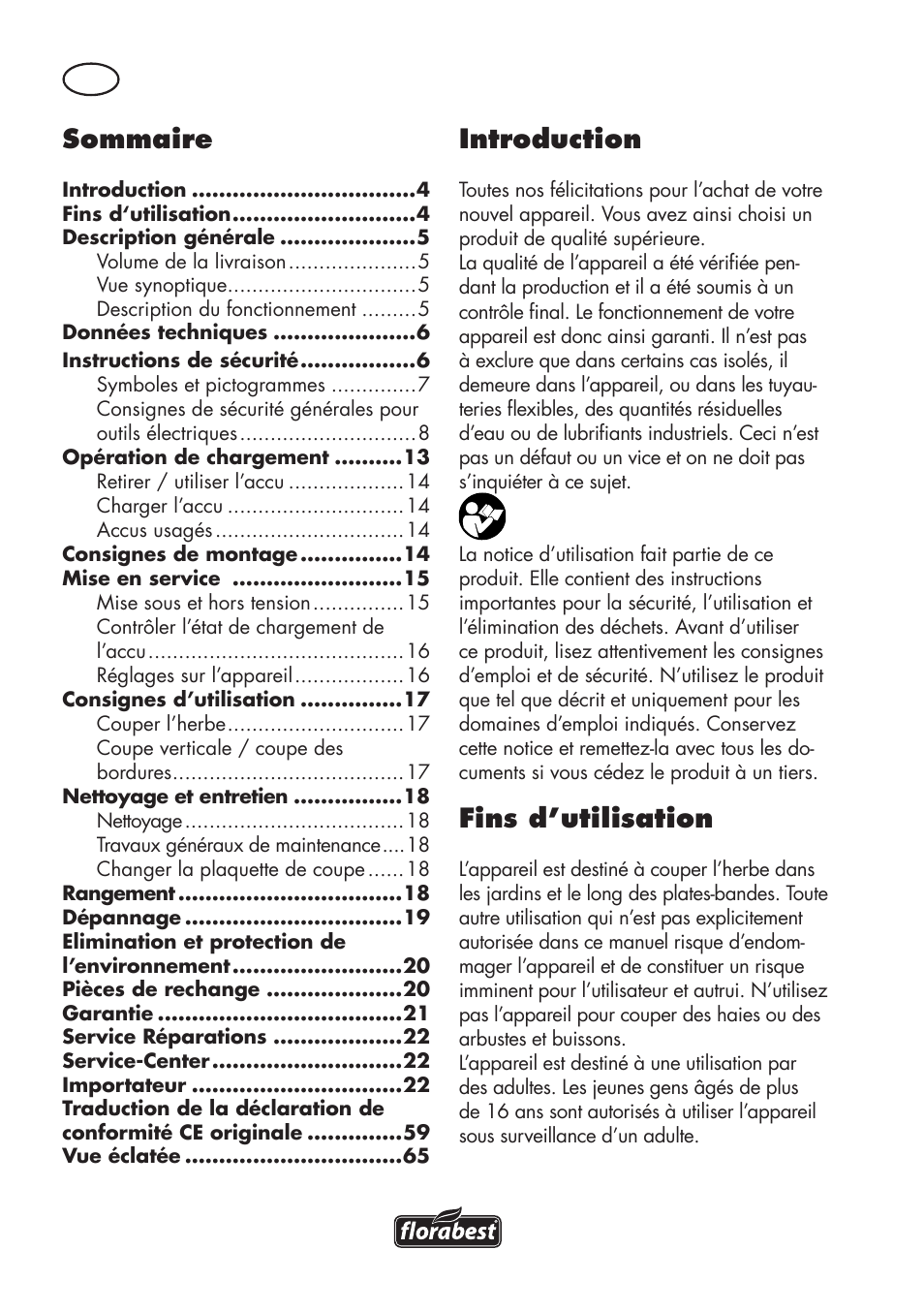 Sommaire, Introduction, Fins d’utilisation | Florabest FAT 18 B3 User Manual | Page 4 / 68