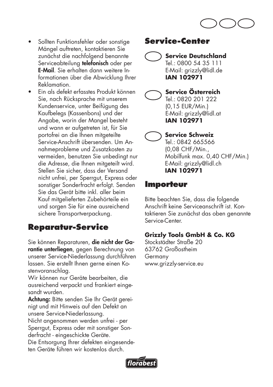 Service-center, Importeur, Reparatur-service | At ch de, De at | Florabest FAT 18 B3 User Manual | Page 41 / 68