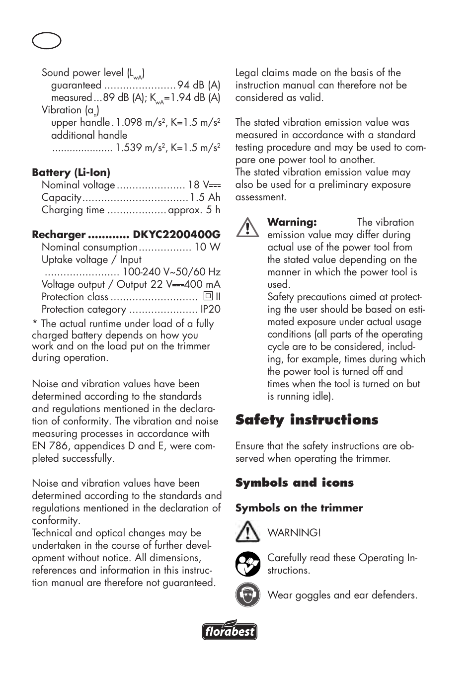 Safety instructions | Florabest FAT 18 B3 User Manual | Page 44 / 68