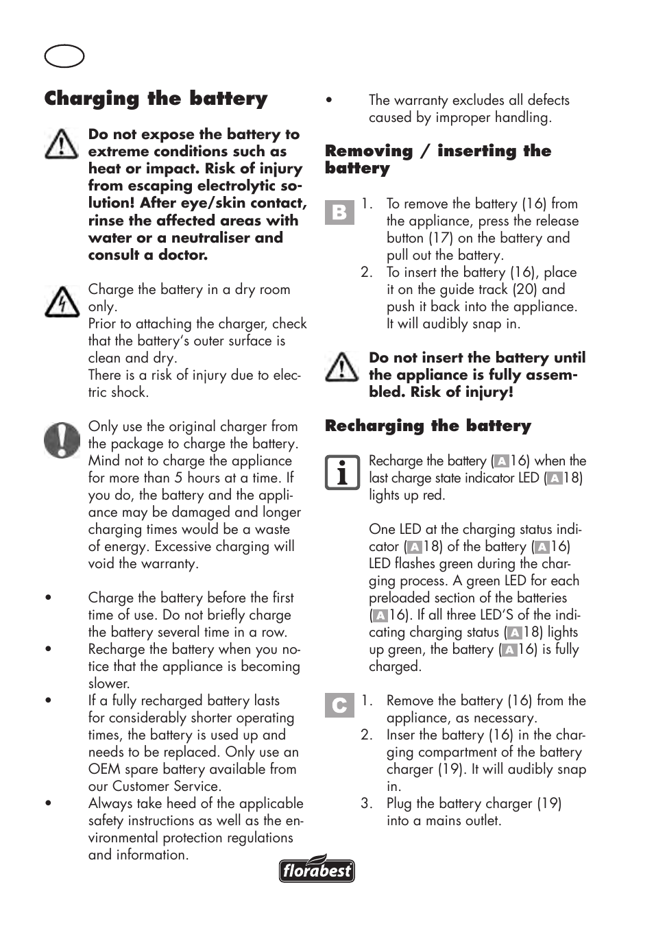 Charging the battery | Florabest FAT 18 B3 User Manual | Page 50 / 68