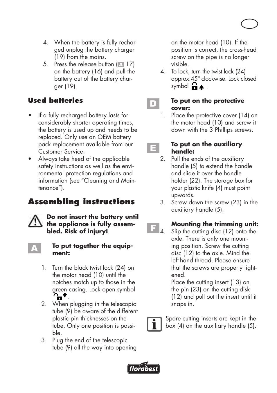 Assembling instructions | Florabest FAT 18 B3 User Manual | Page 51 / 68