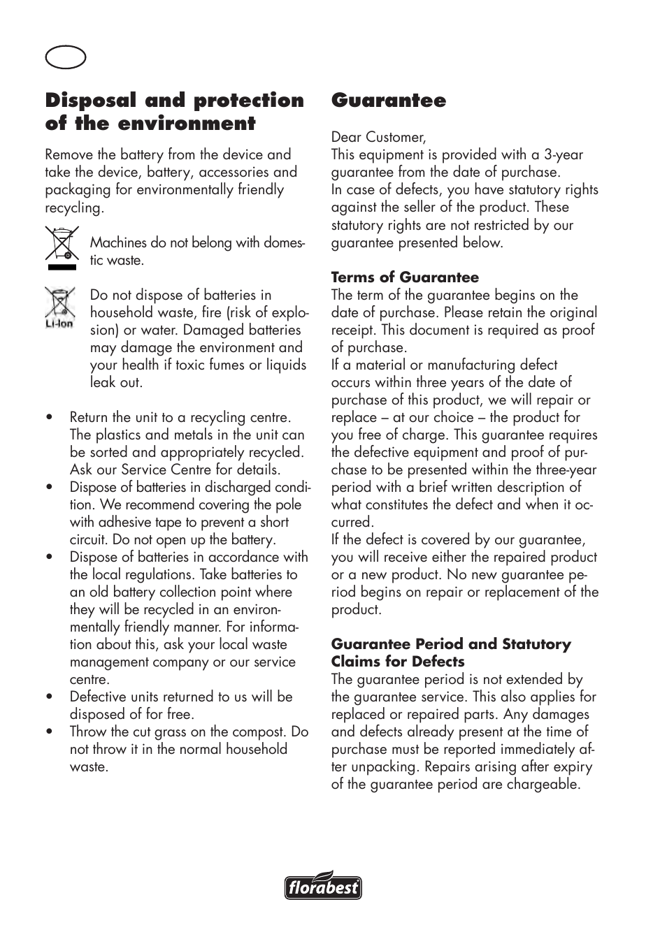 Disposal and protection of the environment, Guarantee | Florabest FAT 18 B3 User Manual | Page 56 / 68