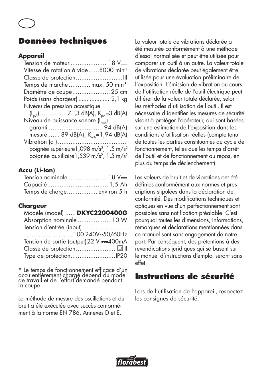 Données techniques, Instructions de sécurité | Florabest FAT 18 B3 User Manual | Page 6 / 68