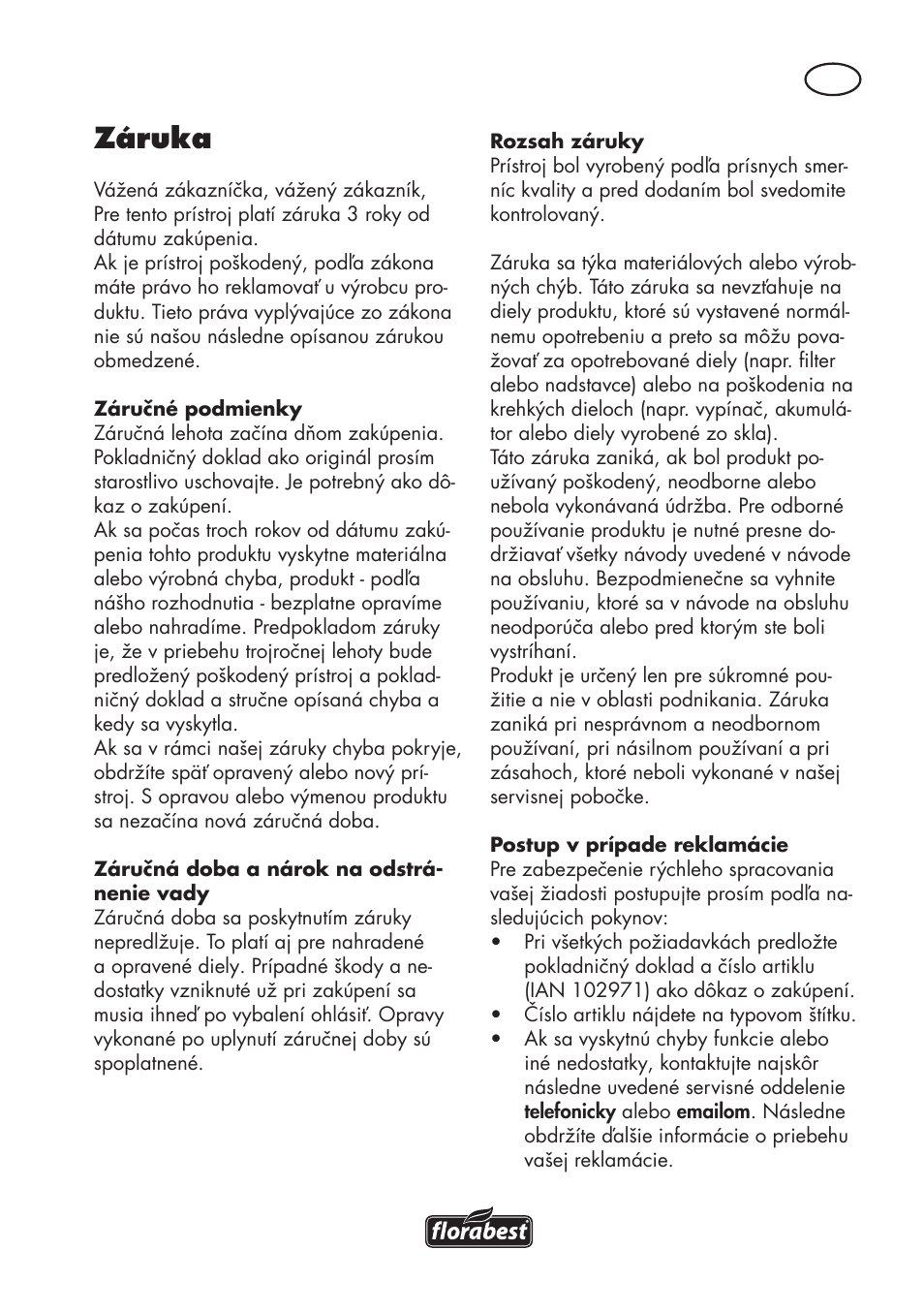 Záruka | Florabest FAT 18 B3 User Manual | Page 101 / 132