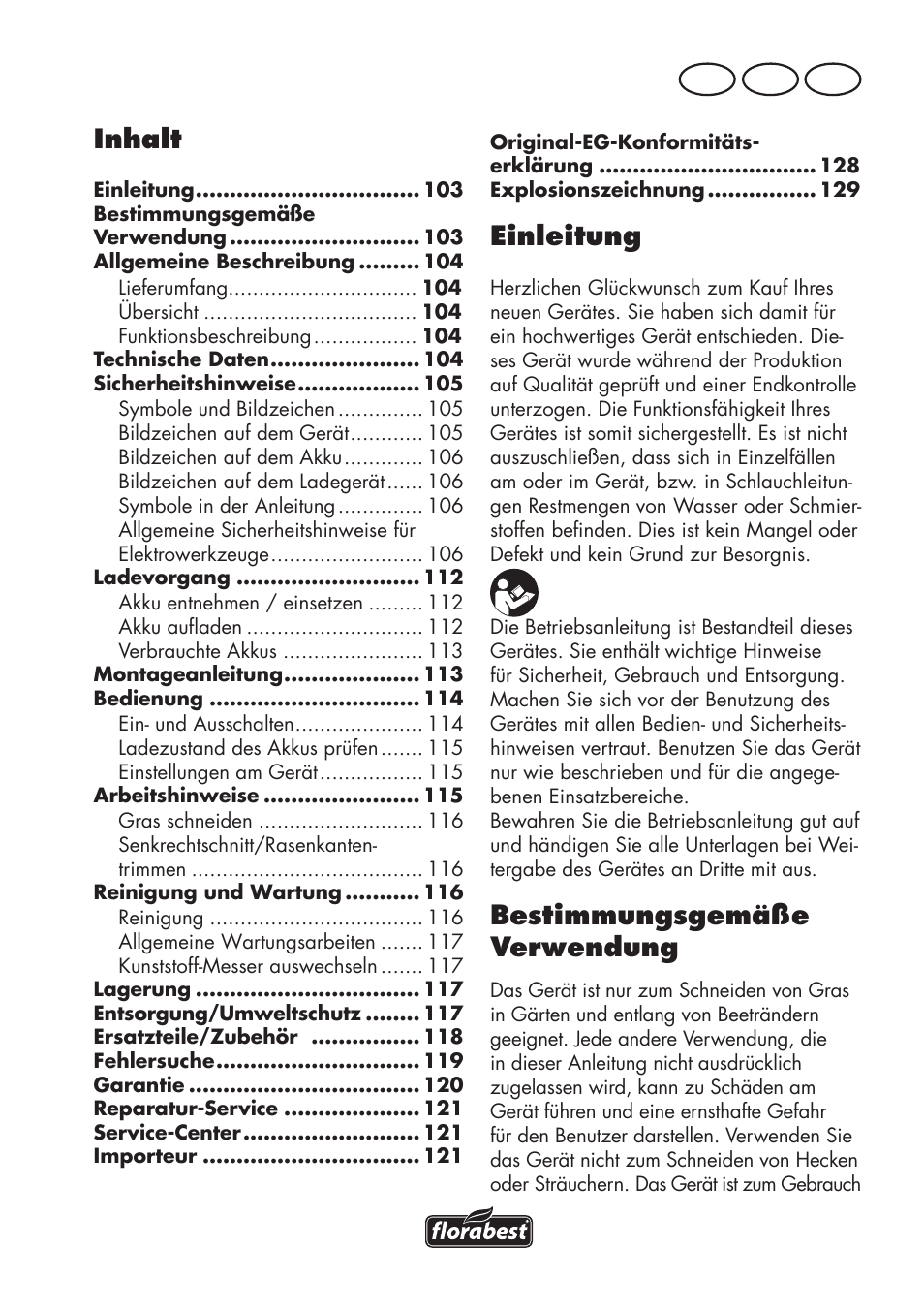Inhalt, Einleitung, Bestimmungsgemäße verwendung | At ch de | Florabest FAT 18 B3 User Manual | Page 103 / 132