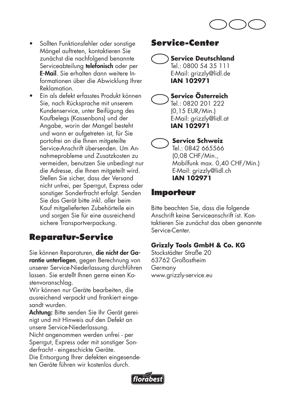 Service-center, Importeur, Reparatur-service | At ch de, De at | Florabest FAT 18 B3 User Manual | Page 121 / 132