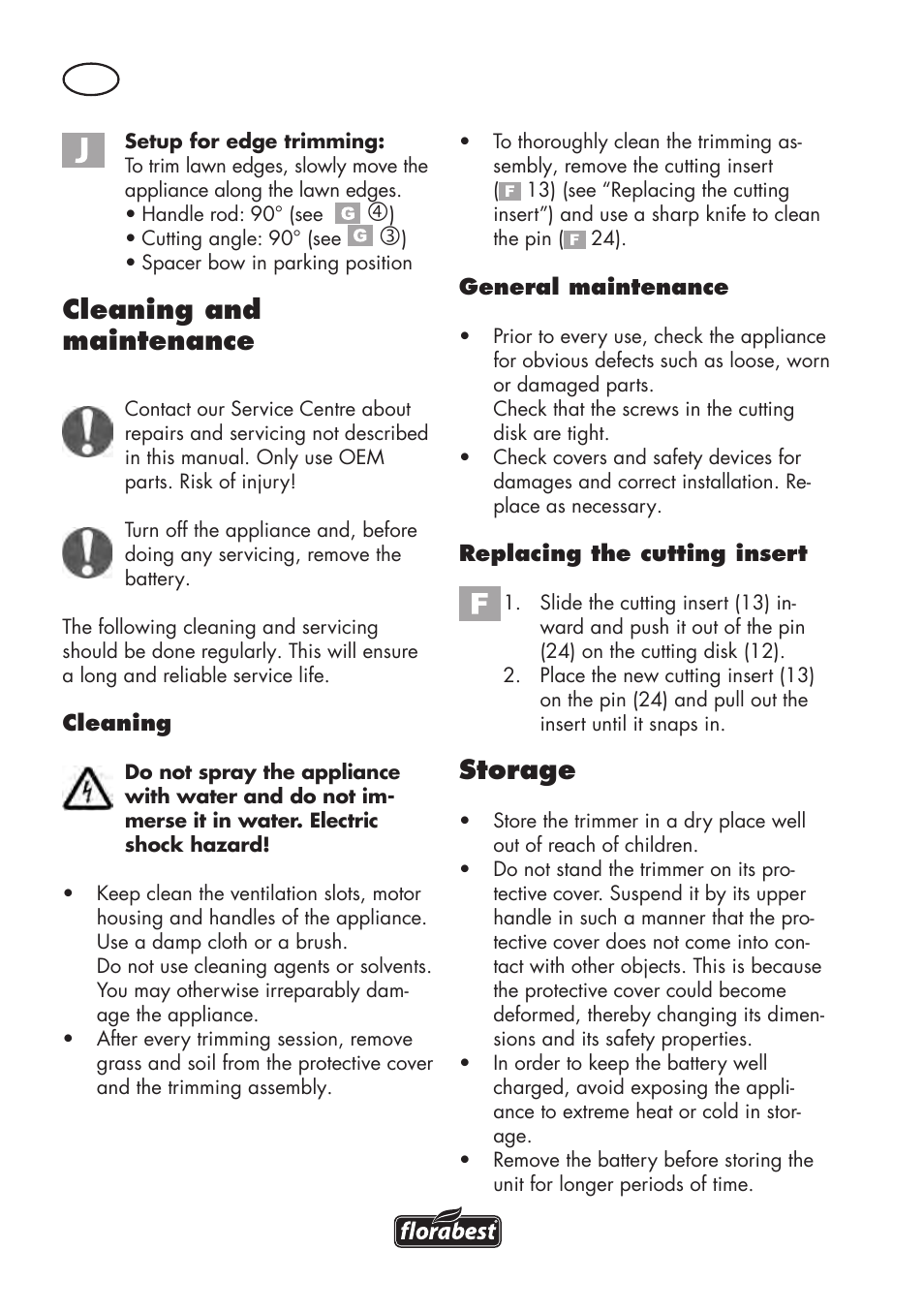 Cleaning and maintenance, Storage | Florabest FAT 18 B3 User Manual | Page 16 / 132