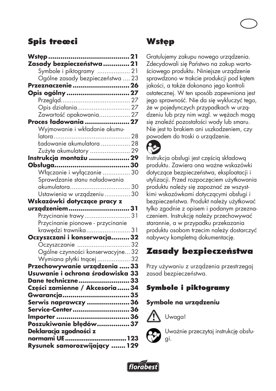 Spis treœci, Wstęp, Zasady bezpieczeństwa | Florabest FAT 18 B3 User Manual | Page 21 / 132