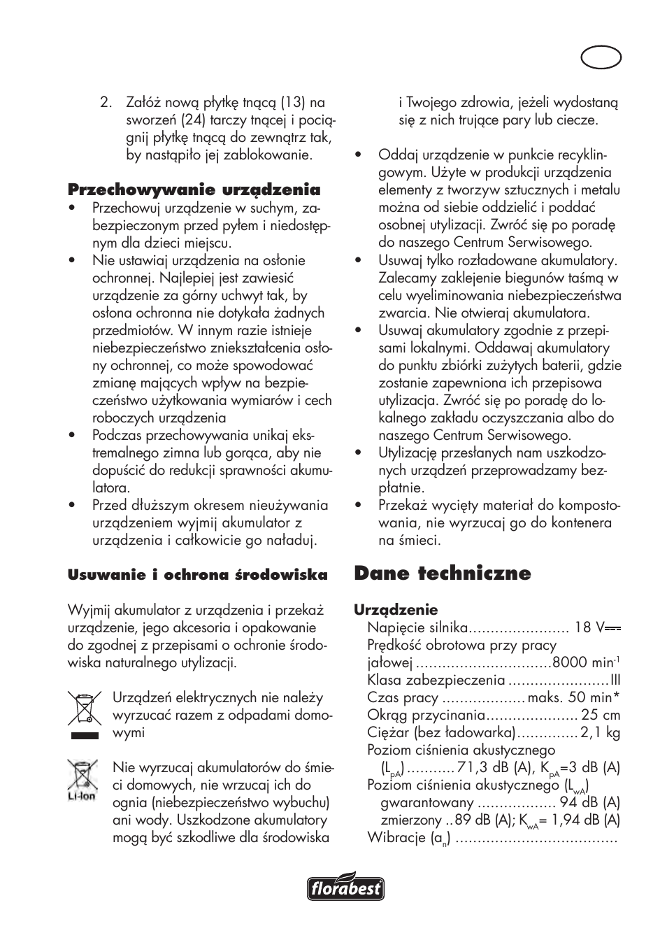 Dane techniczne | Florabest FAT 18 B3 User Manual | Page 33 / 132