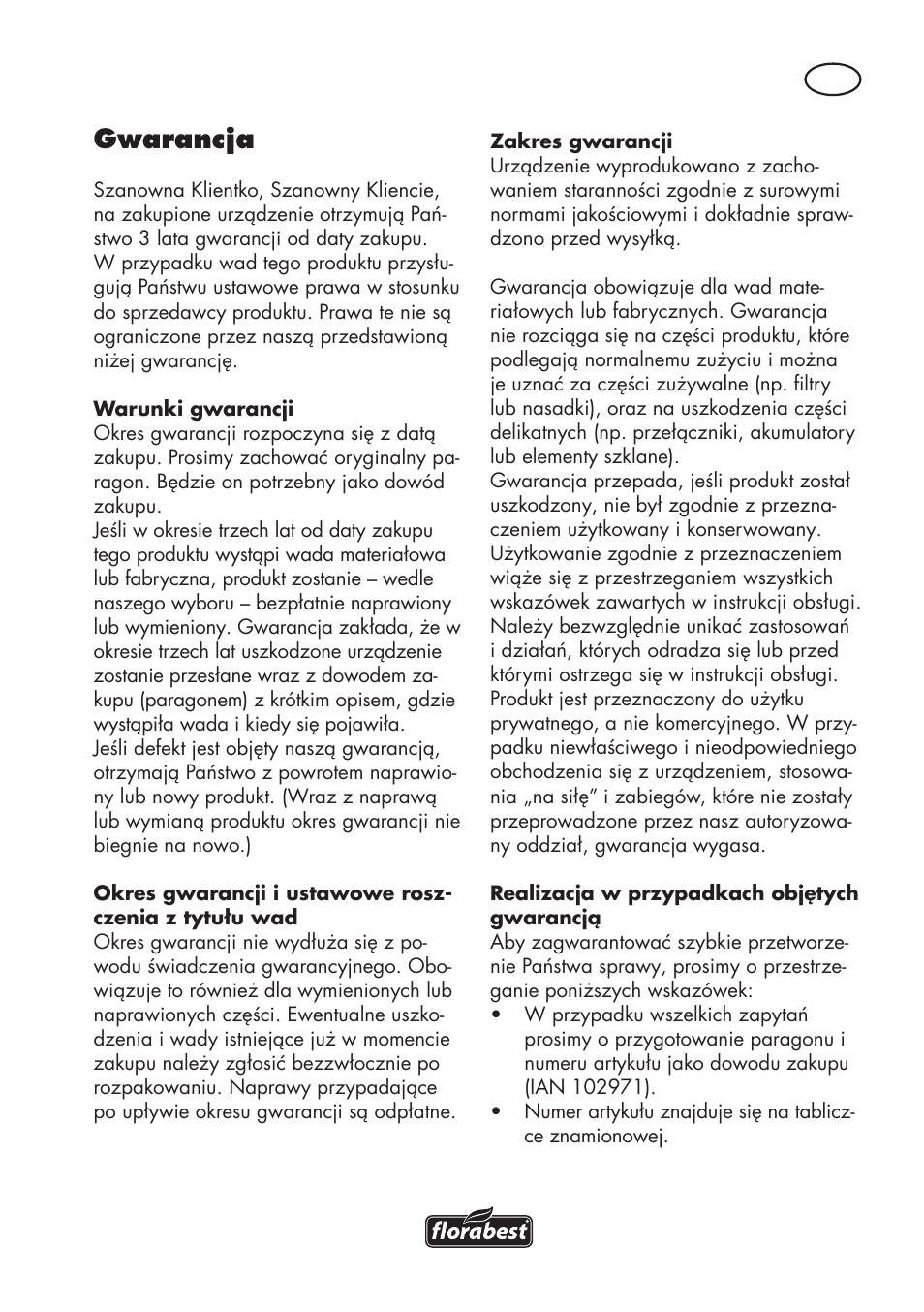 Gwarancja | Florabest FAT 18 B3 User Manual | Page 35 / 132