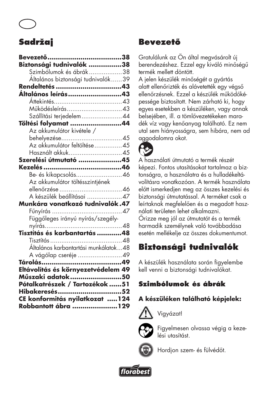 Sadržaj, Bevezető, Biztonsági tudnivalók | Florabest FAT 18 B3 User Manual | Page 38 / 132