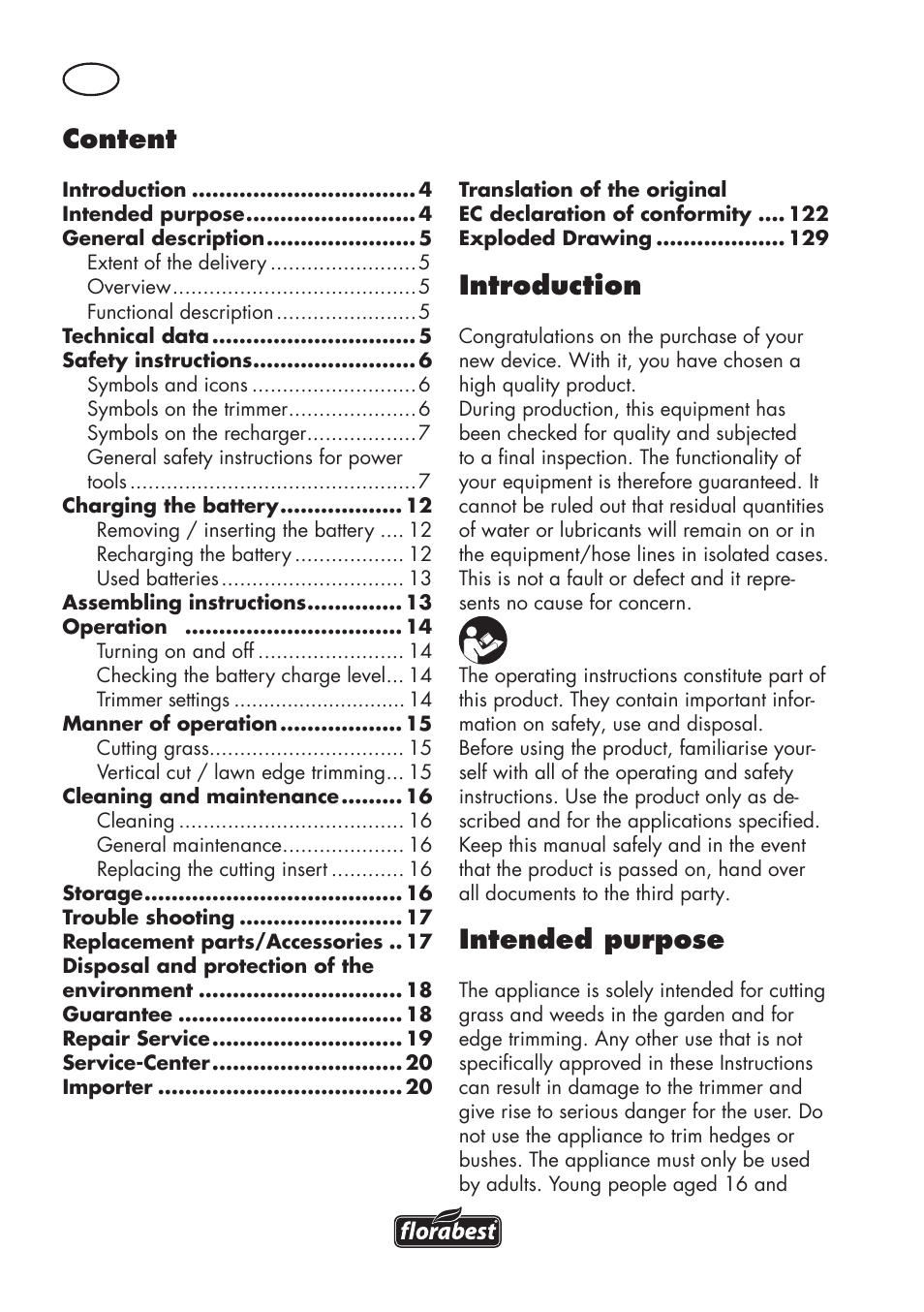 Content, Introduction, Intended purpose | Florabest FAT 18 B3 User Manual | Page 4 / 132