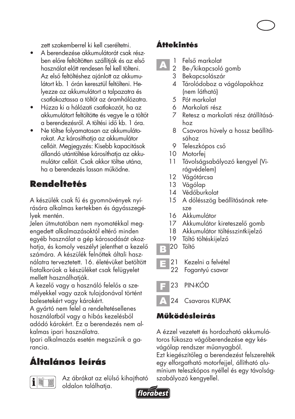 Rendeltetés, Általános leírás | Florabest FAT 18 B3 User Manual | Page 43 / 132