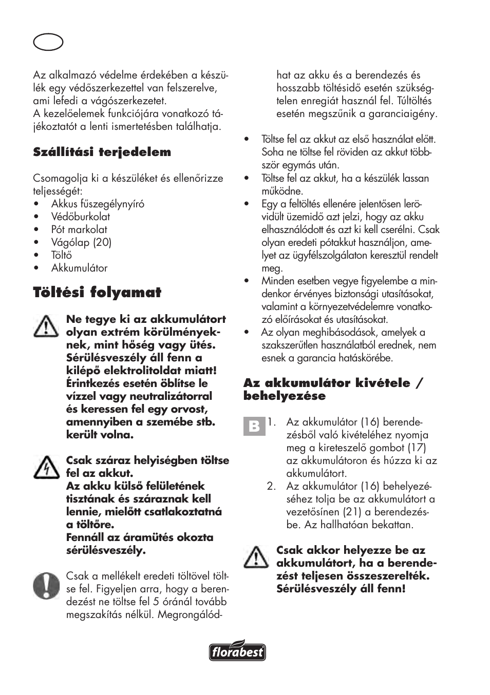 Töltési folyamat | Florabest FAT 18 B3 User Manual | Page 44 / 132