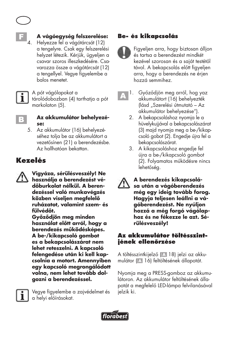 Kezelés | Florabest FAT 18 B3 User Manual | Page 46 / 132