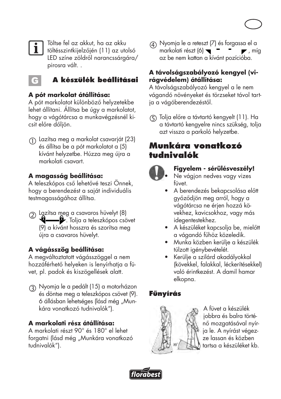 Munkára vonatkozó tudnivalók | Florabest FAT 18 B3 User Manual | Page 47 / 132