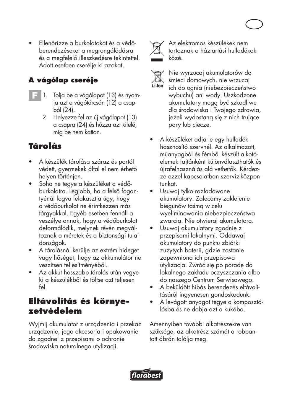 Tárolás, Eltávolítás és környe- zetvédelem | Florabest FAT 18 B3 User Manual | Page 49 / 132
