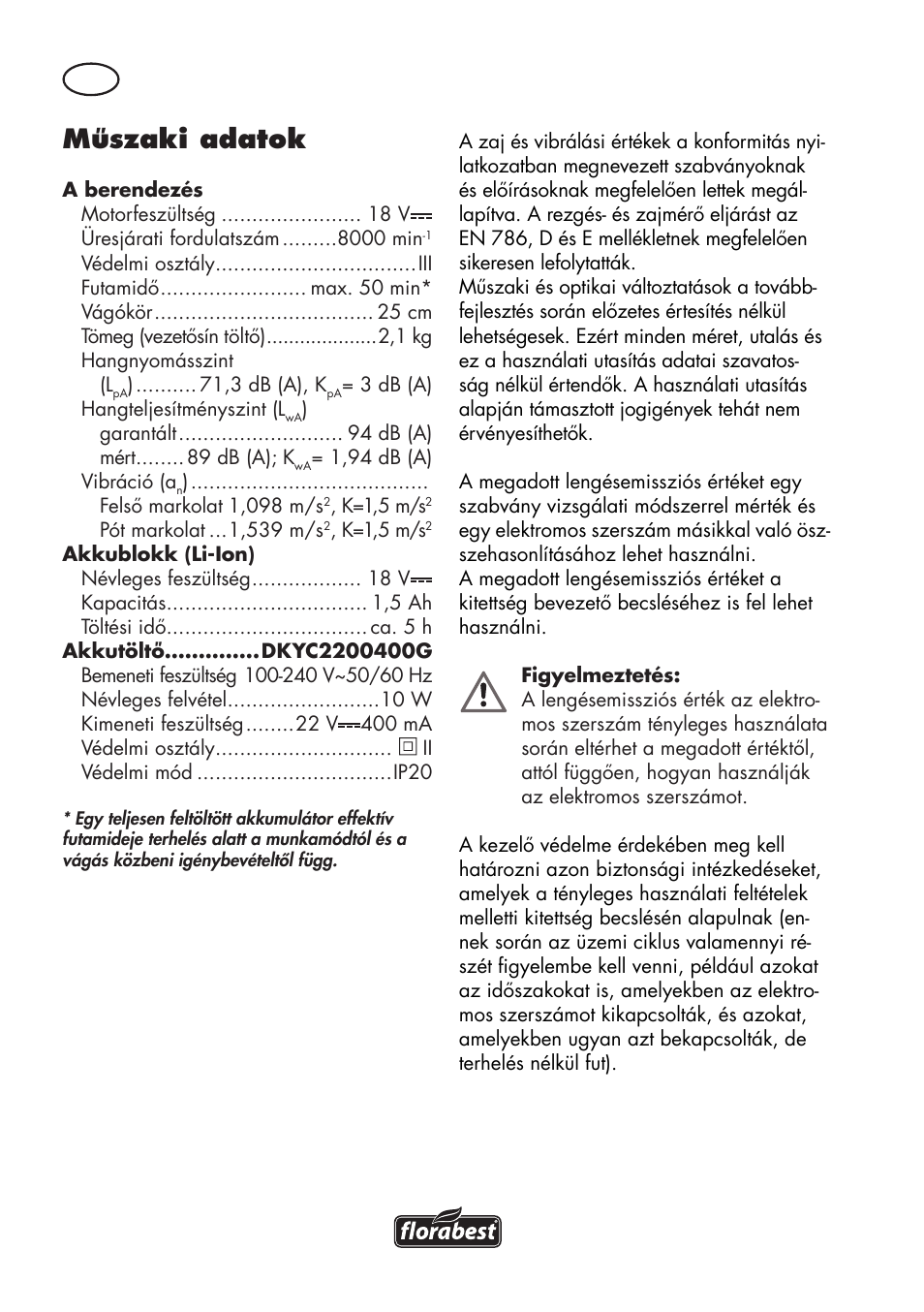 Műszaki adatok | Florabest FAT 18 B3 User Manual | Page 50 / 132