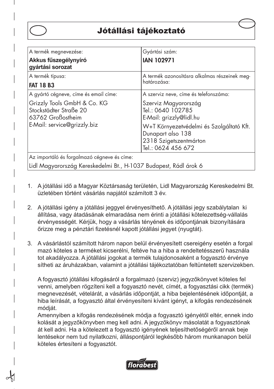 Jótállási tájékoztató | Florabest FAT 18 B3 User Manual | Page 53 / 132