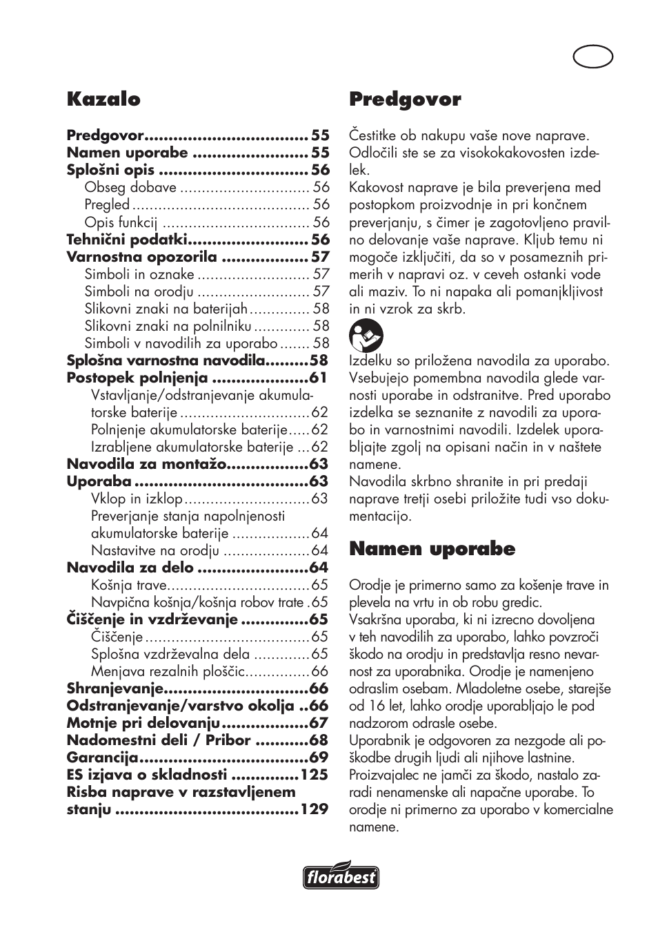 Kazalo, Predgovor, Namen uporabe | Florabest FAT 18 B3 User Manual | Page 55 / 132