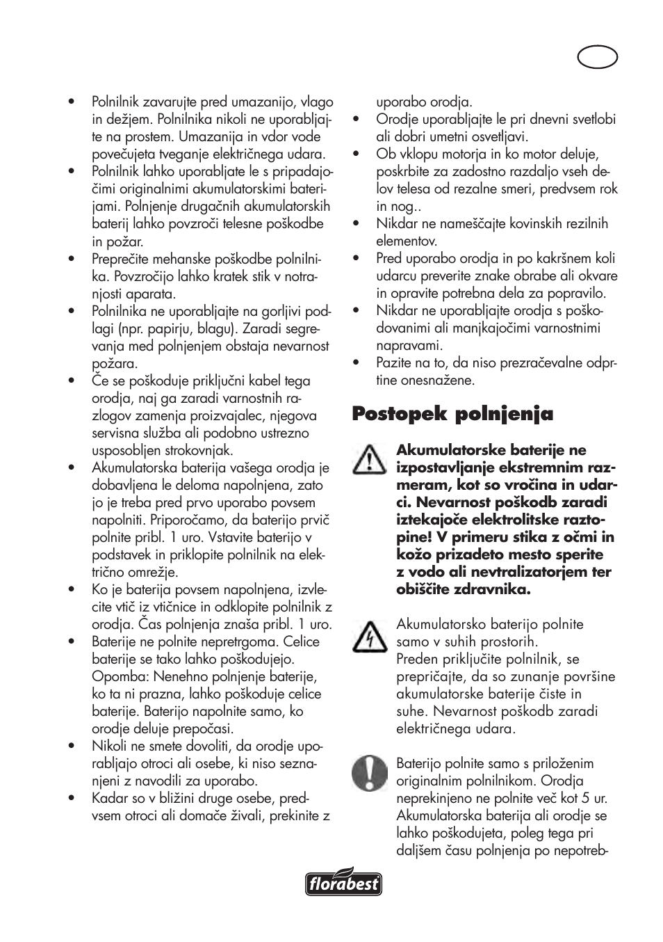 Postopek polnjenja | Florabest FAT 18 B3 User Manual | Page 61 / 132