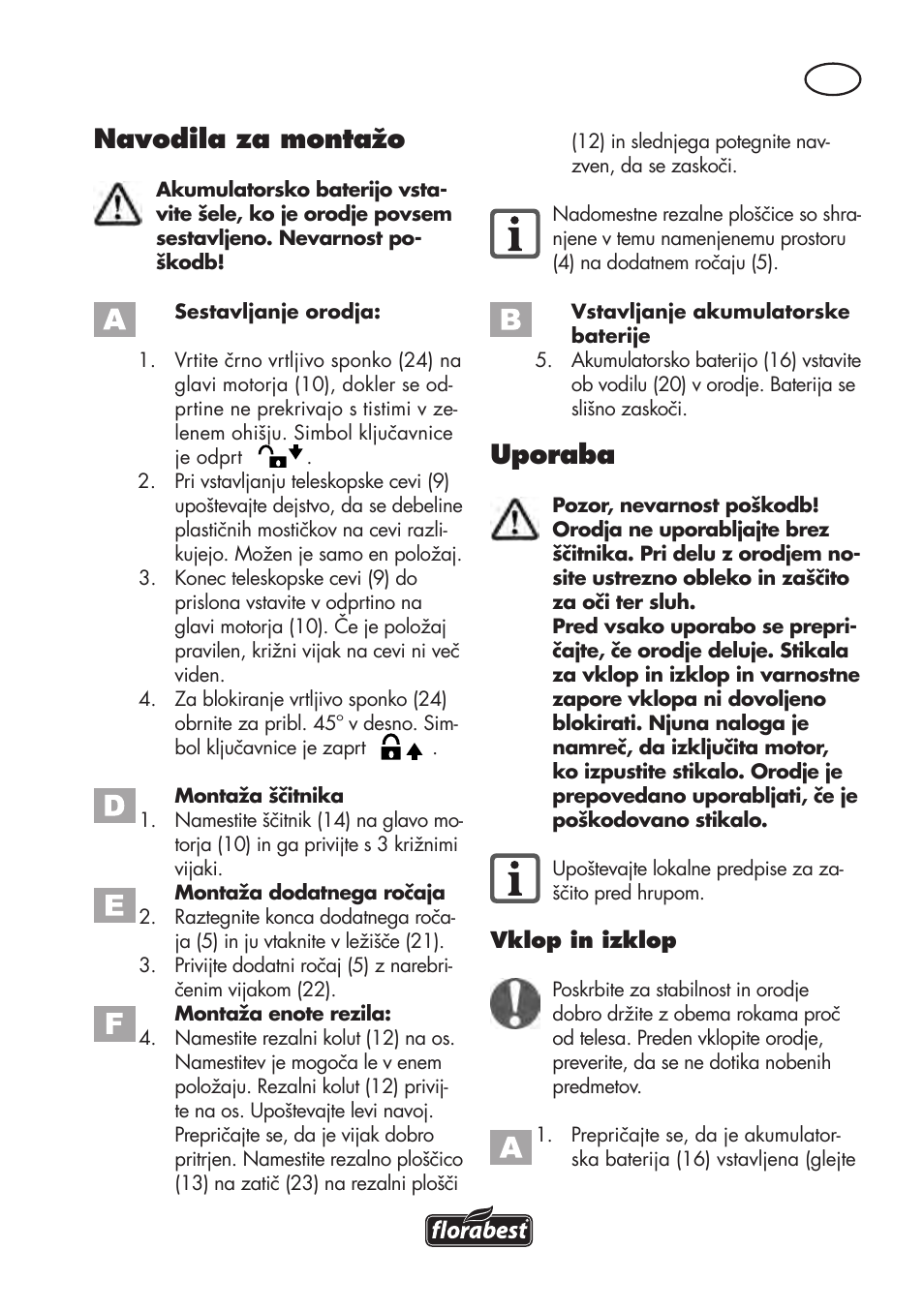 Navodila za montažo, Uporaba | Florabest FAT 18 B3 User Manual | Page 63 / 132